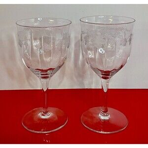 Vintage Grape Etch Wine Glass Goblet (s) LOT OF 2 Vine Leaf Optic Crystal